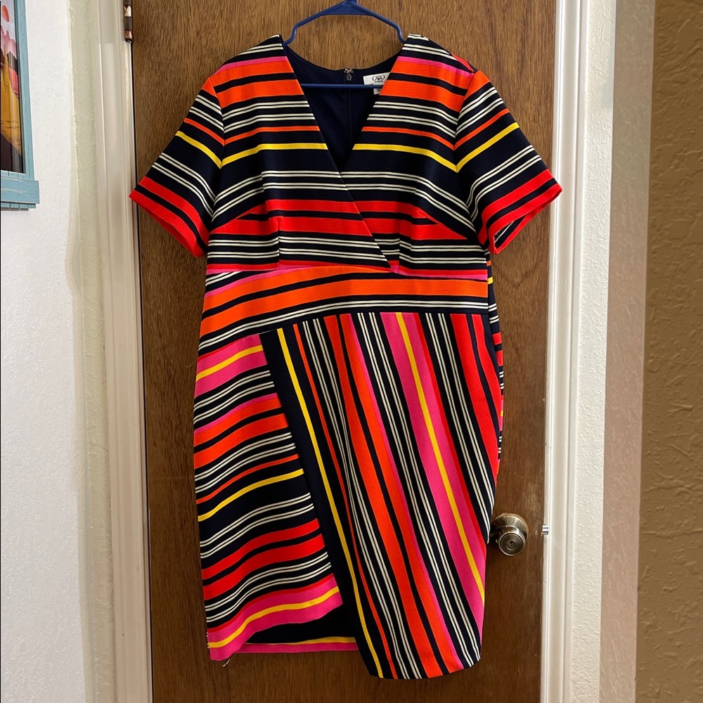 Cato Women's Dress with Navy and Orange Stripes